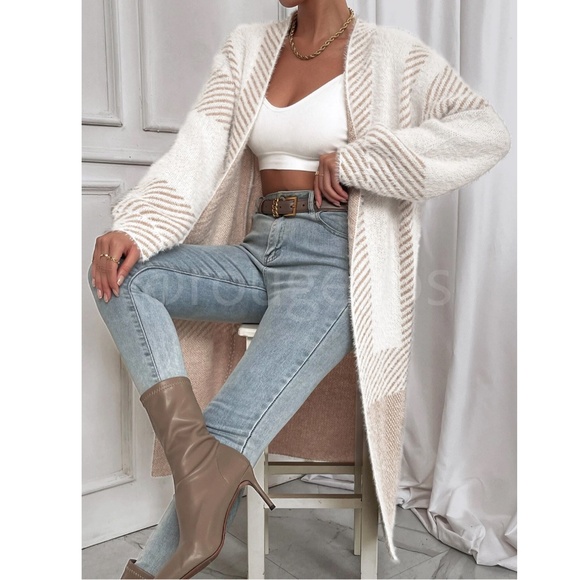 Fuzzy Longline Duster Cardigan Open Long Sleeve Colorblock White Beige - Picture 1 of 9
